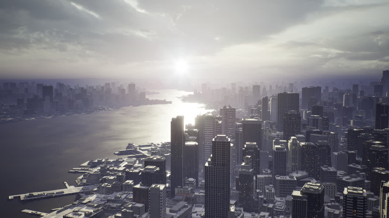 Sunrise over a bustling city skyline with reflections on the water