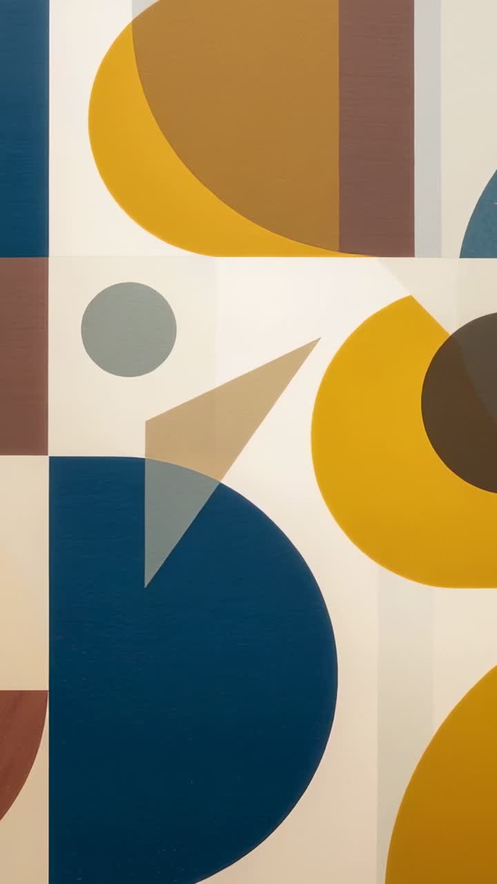 Vertical video: Starting on left, camera panning across gallery wall, revealing geometric art panel