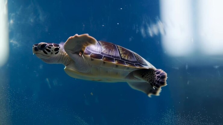 A single sea turtle glides underwater in a deep blue ocean scene, viewed from the side with bright light filtering in from the upper right and open water surrounding the animal