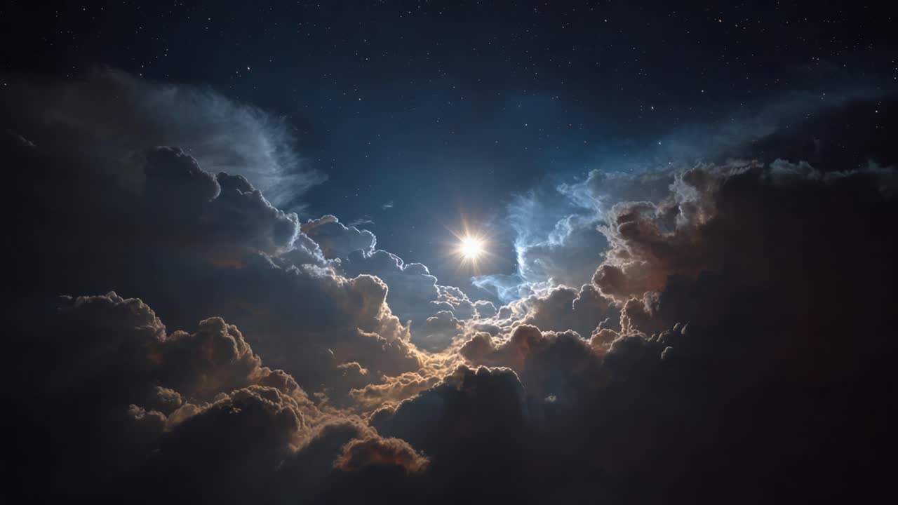 A Mesmerizing Celestial Scene: The Moon Illuminating a Dreamy Night Sky Filled with Billowing Clouds and Twinkling Stars