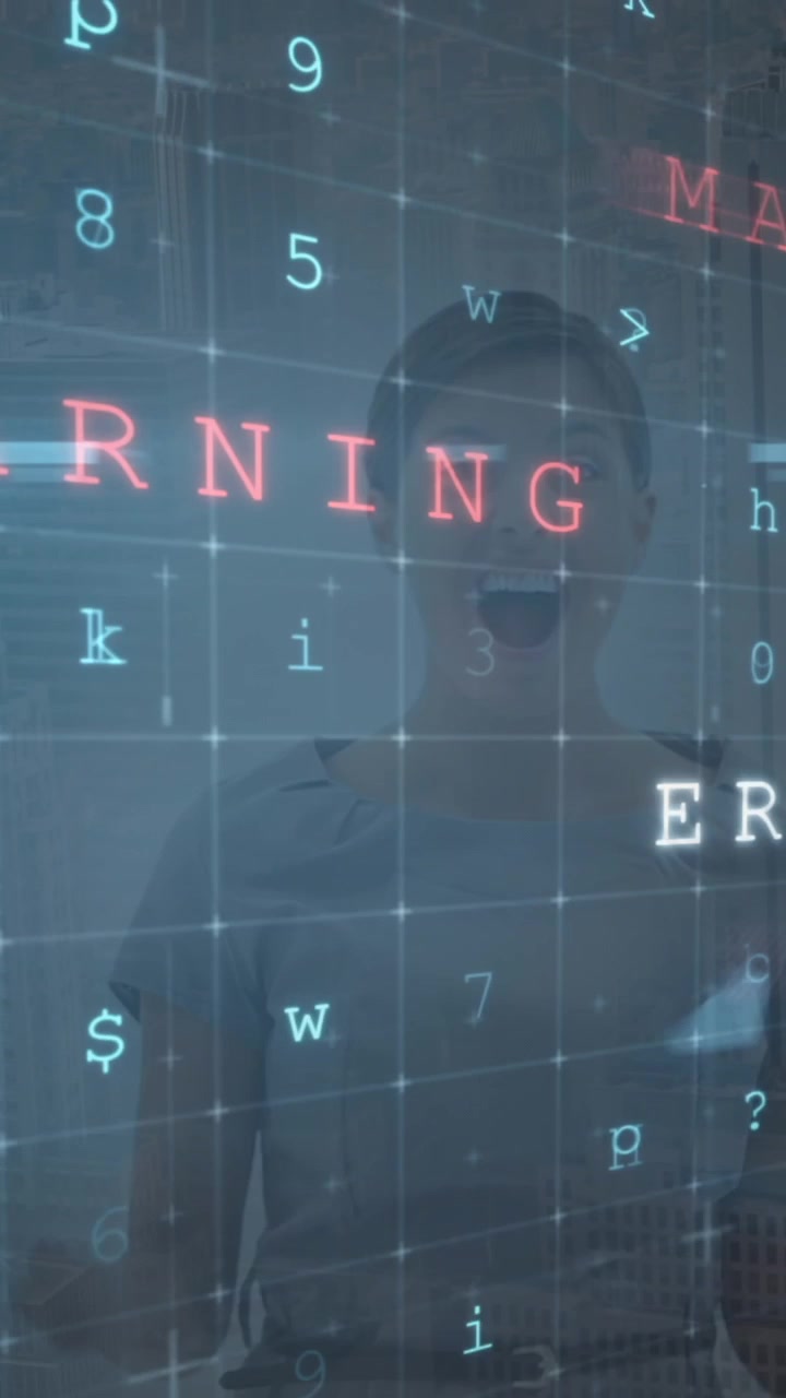 Animation of cyberattack warning and caucasian woman over cityscape