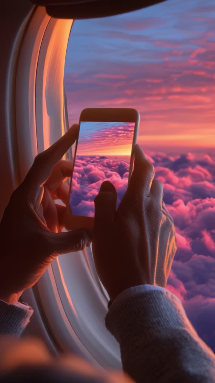 Catturare il tramonto mozzafiato da un finestrino dell'aereo: la prospettiva di un viaggiatore su nuvole, colori e tecnologia che uniscono natura e umanità.