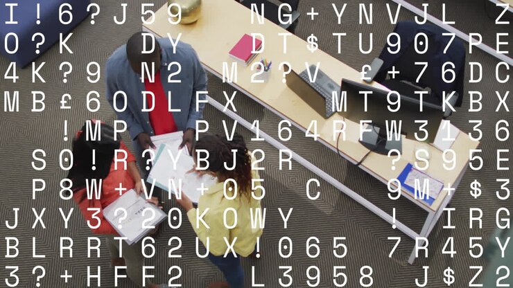 Animation of changing letters and numbers over diverse colleagues discussing work in office
