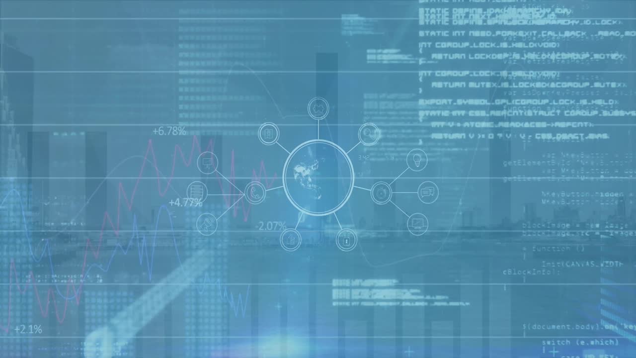 Animation of financial graphs and data over navy digital screen with globe and cityscape