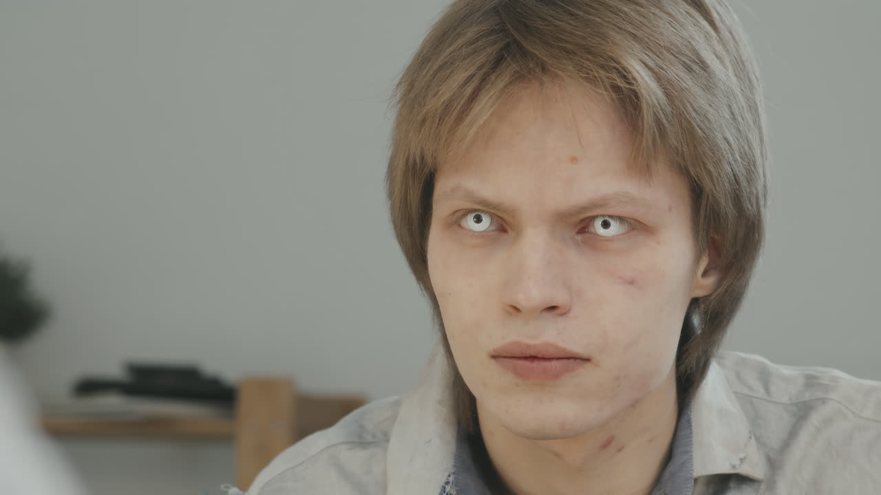 Slowmo of Man Putting On Zombie Contact Lenses