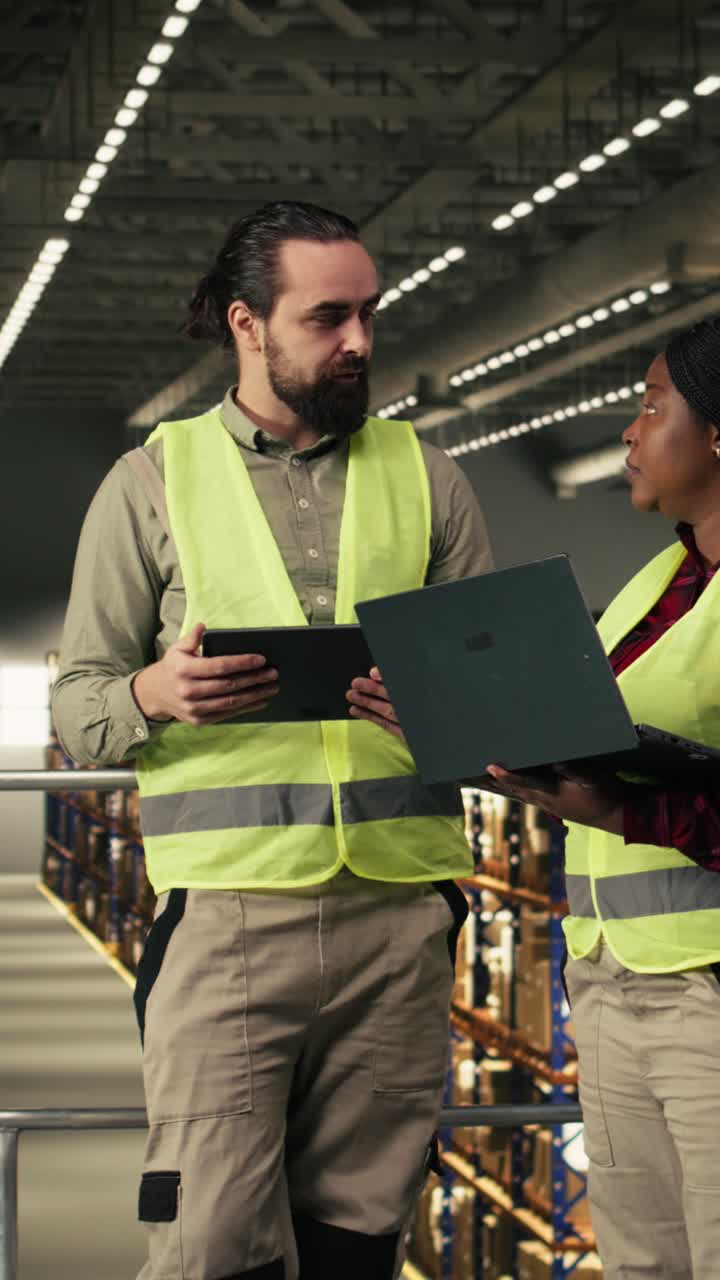 Video verticale. Due lavoratori diversi collaborano alla logistica, attività per l'e-commerce.