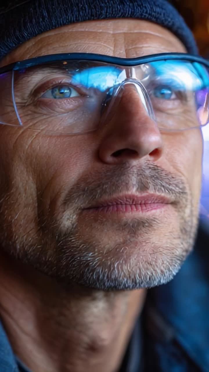 A contemplative man wearing safety glasses gazes intently into the distance, showcasing focused determination and reflective thought in a close-up shot