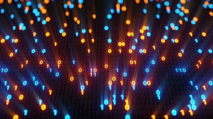 Abstract seamless blue and orange digital binary code matrix background VJ loop with flare.