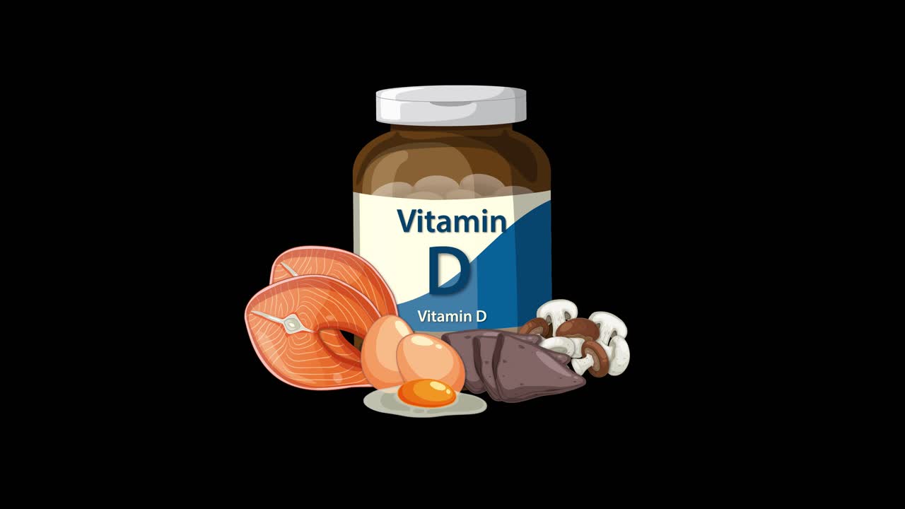 Vitamin D bottle with mushrooms and eggs transitions smoothly on black background, flat style