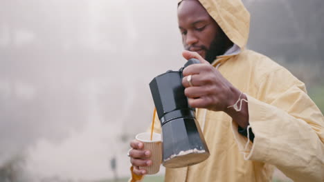 Black-man,-hiking-and-pour-coffee-in-nature