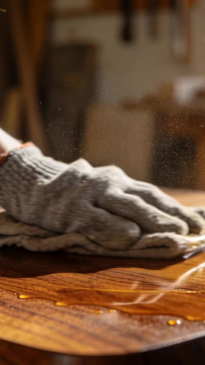 Vertical video: Dipping rag in amber oil, gloved hand wiping wood top for sheen at shop, copy space