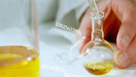 pouring liquid into flask, scientific data animation over laboratory experiment