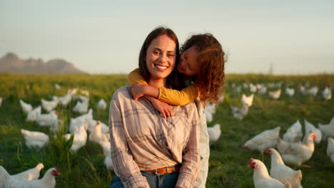 Hug,-child-and-mother-on-a-farm-with-chicken