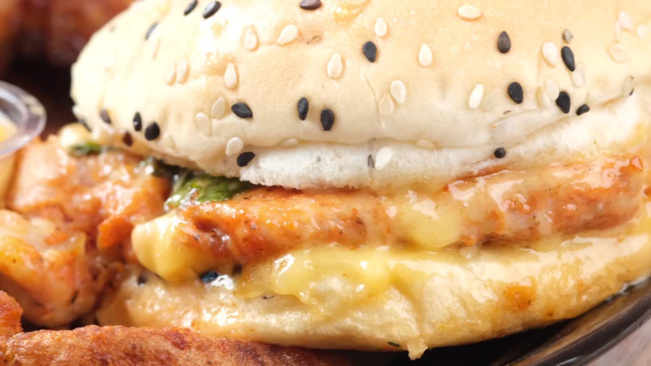 과 치즈 버거와 감자김의 클로즈업