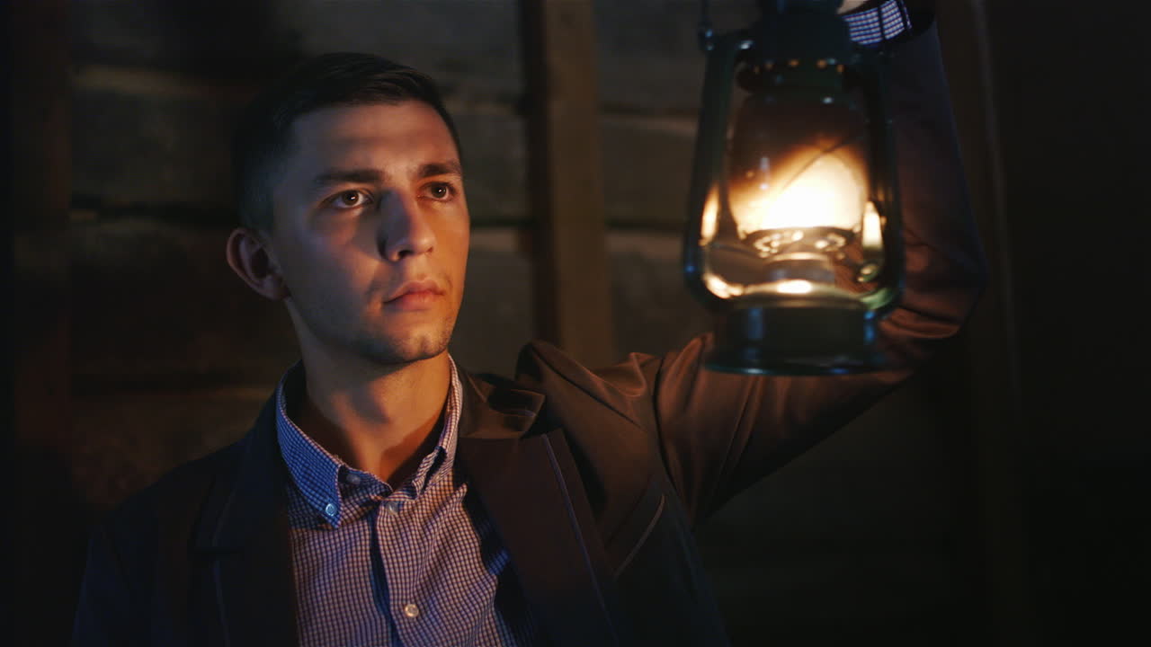 양복을 입은 그의 손에 오일 램프를 들고 어두운 복도에서 겁 먹은 젊은 남자