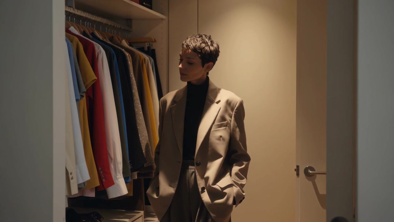 Spotting hanging clothes, woman in tan blazer turning, scanning wardrobe, choosing outfit in closet