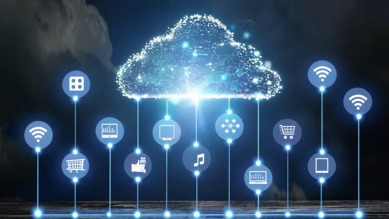 A cloud of technology is displayed with a variety of icons including a shopping cart, a tablet, and a laptop