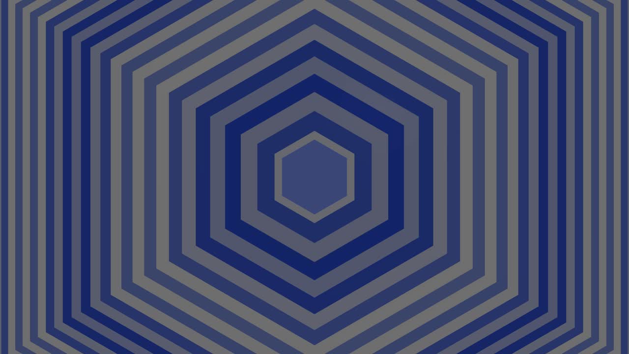 Koncentriske blå og grå sekskanter pulserer rytmisk i en sømløs 3D geometrisk tunnel-loop.