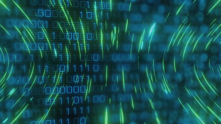 Binäre Spalte, die links erscheint, und ein geschichtetes Datenmuster, das pulsiert und sich verschiebt und den Datenfluss visualisiert