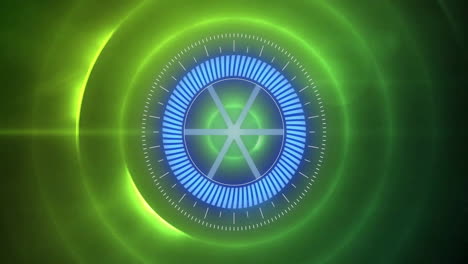 rotating blue digital interface over green glowing background, futuristic animation