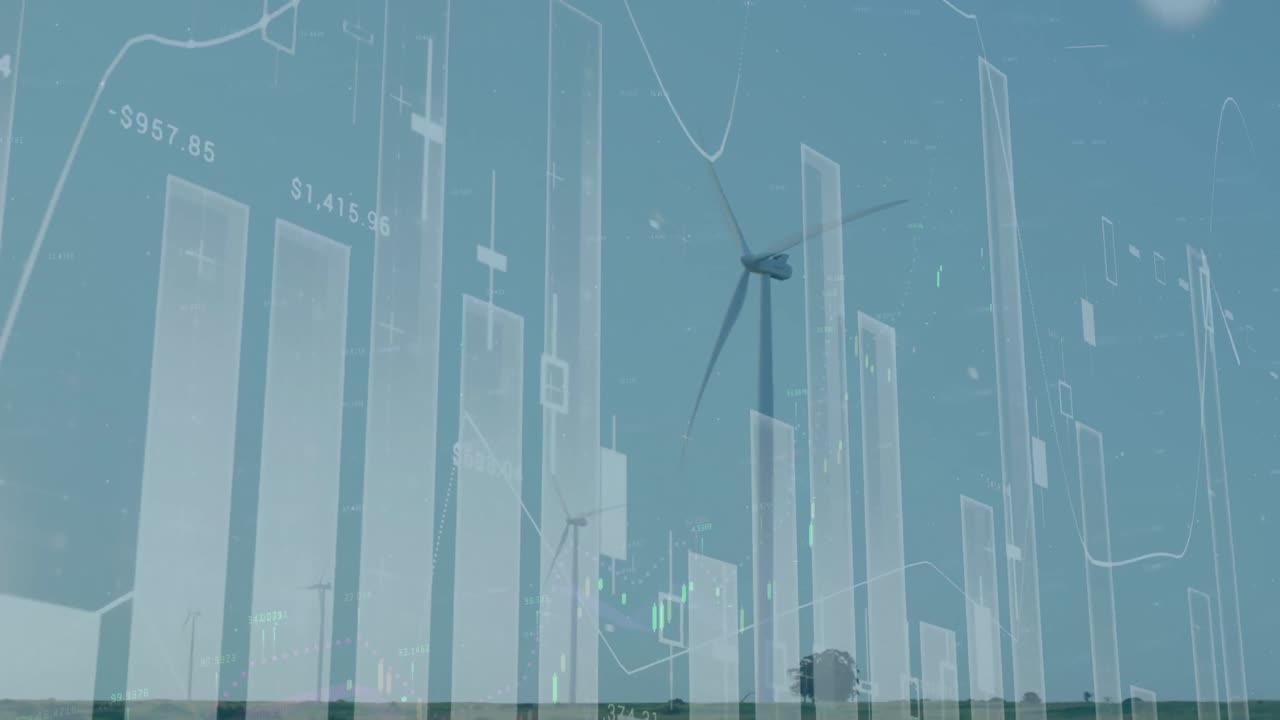 파란 하늘을 배경으로 회전하는 풍차에 대한 통계 데이터 처리의 애니메이션
