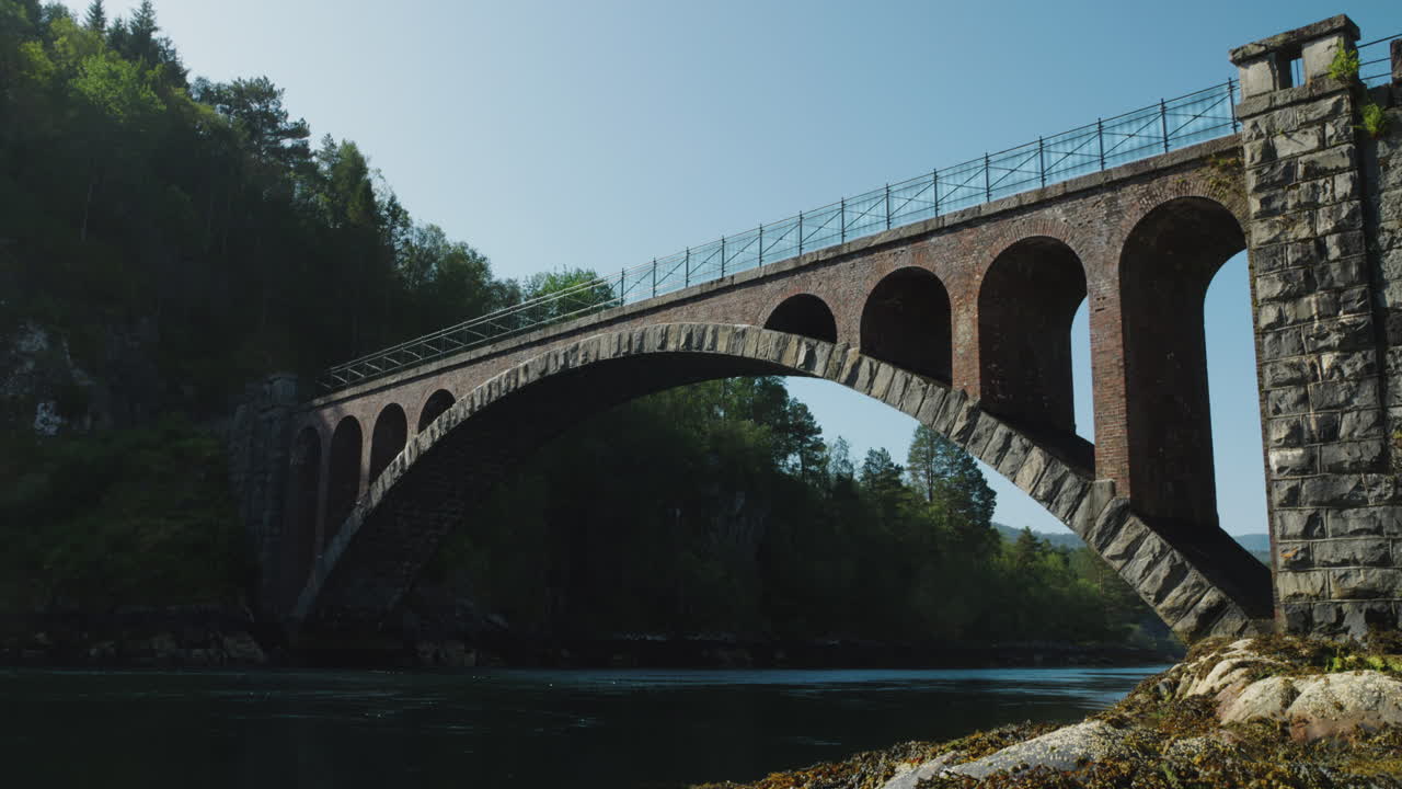 Wide shot of an old bridge in Norway surrounded by trees and nature where the water flows calmly under it on a bright sunny day