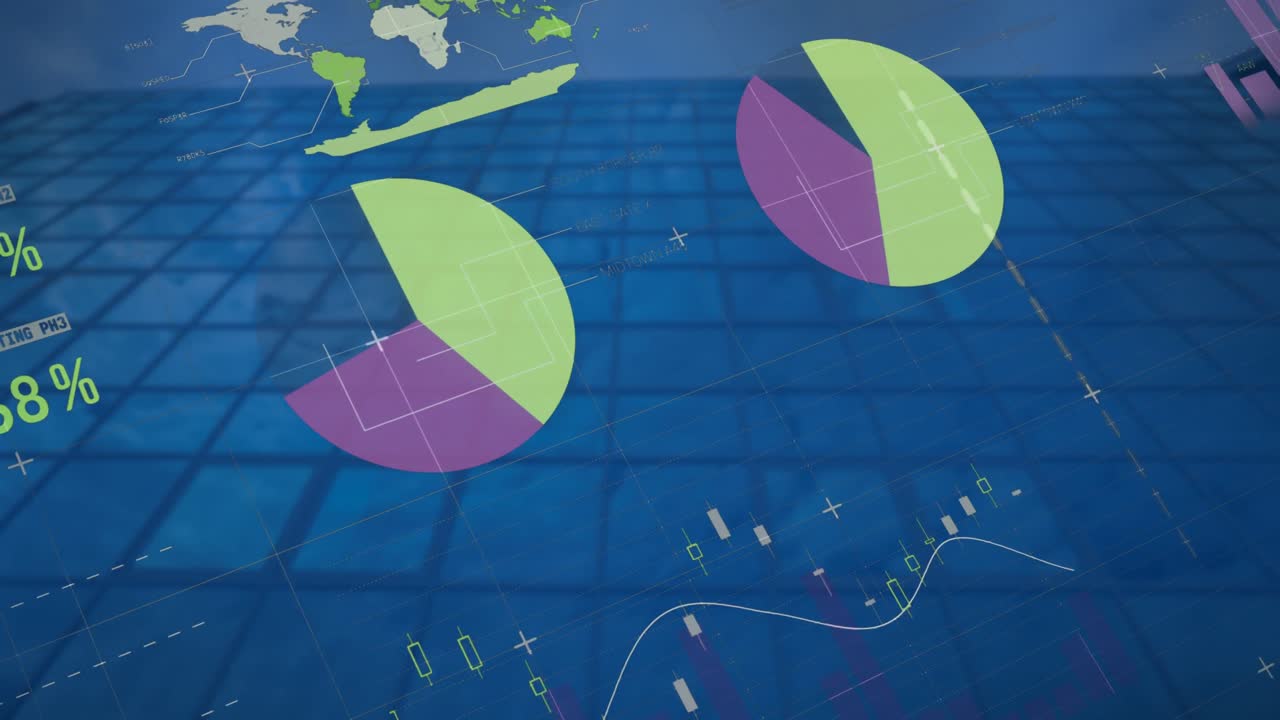 animación de una interfaz infográfica multicolor sobre una vista de ángulo bajo de un edificio de vidrio.