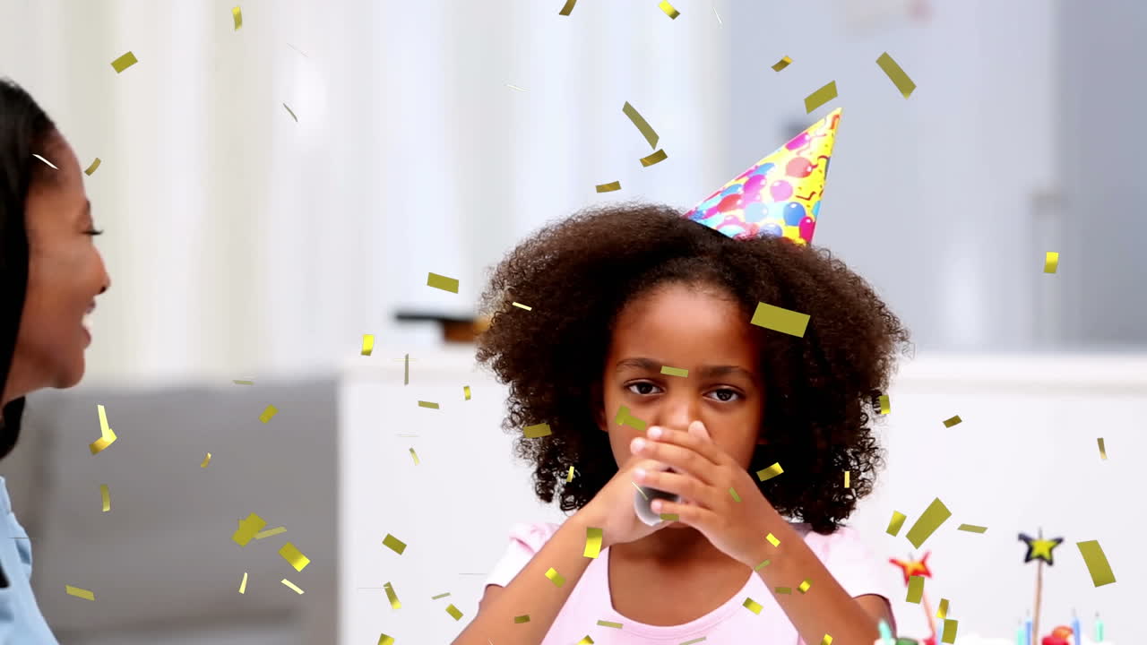 Animazione di coriandoli che cadono su una famiglia che si diverte a una festa di compleanno