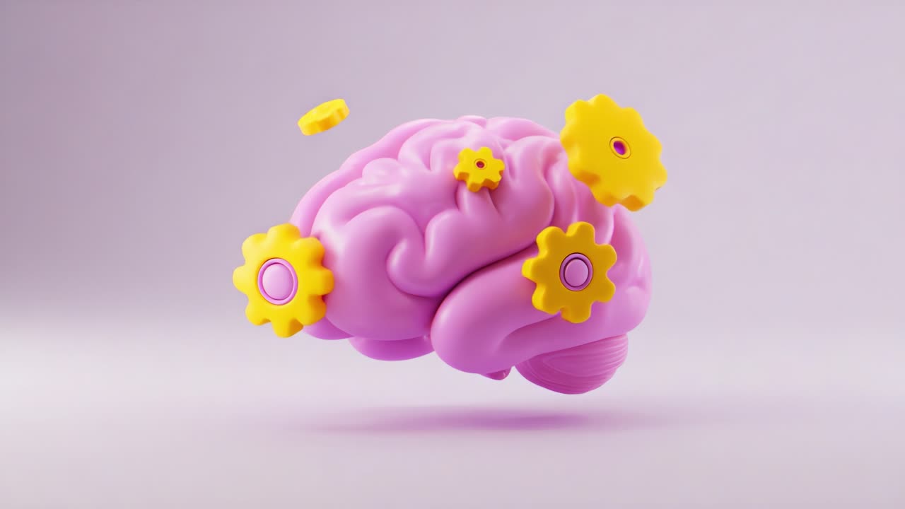 A Vibrant 3D Illustration of a Pink Brain Surrounded by Yellow Gears, Symbolizing Cognitive Processes, Creativity, and Innovative Thinking in a Playful and Engaging Manner