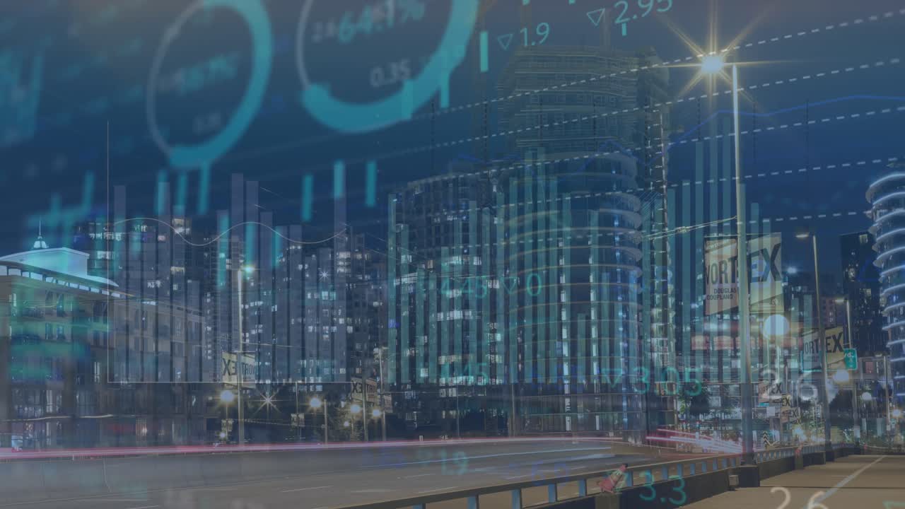 배경에 조명 된 건물 위에 거래 보드와 인포그래픽 인터페이스의 애니메이션