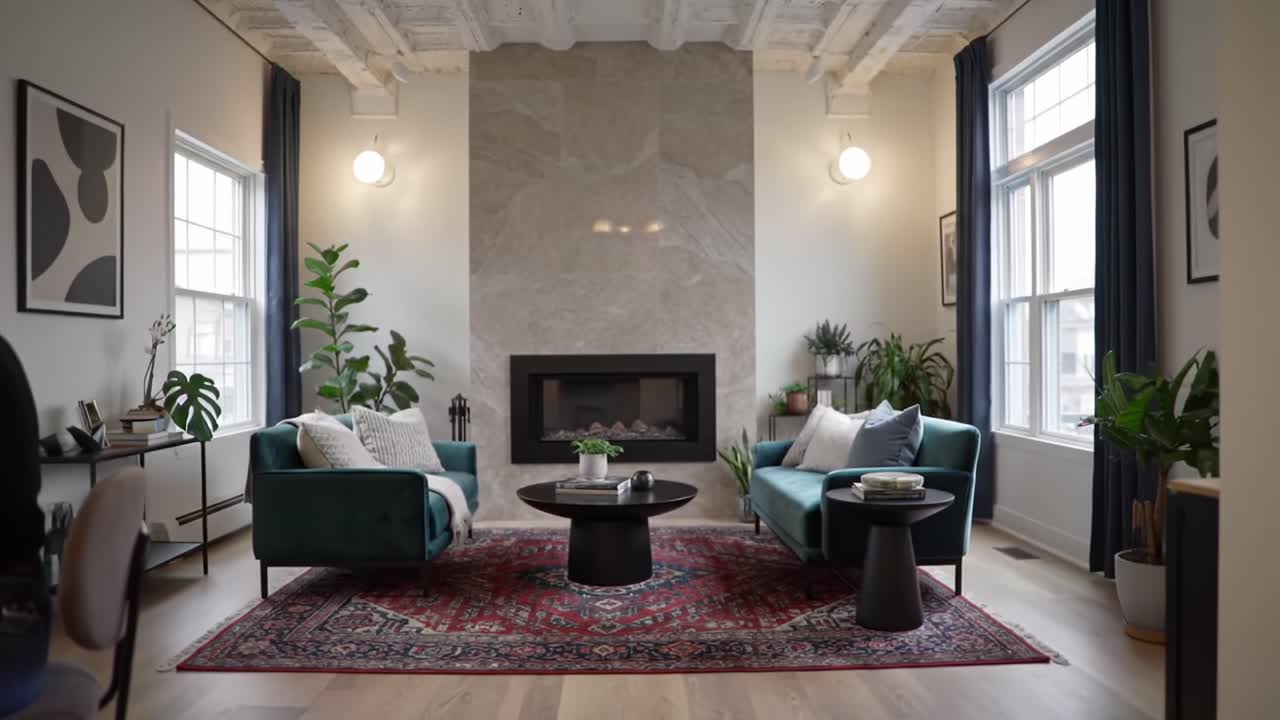 A Cozy Home Office Workspace and Living Room Scene with a Modern Aesthetic, Featuring Comfortable Furniture, Natural Light, and Stylish Decor Elements