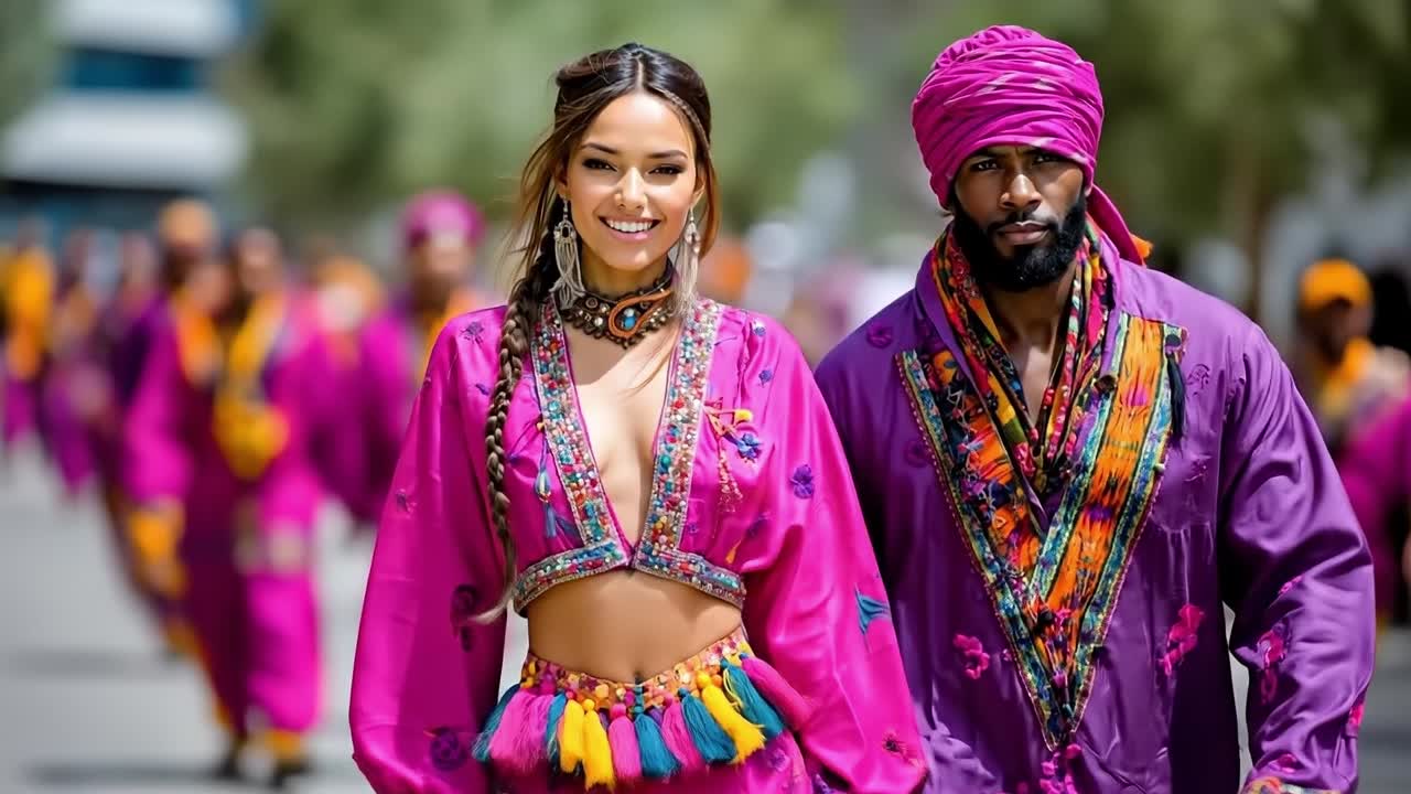 A man and a woman dressed in brightly colored clothing walking down a street