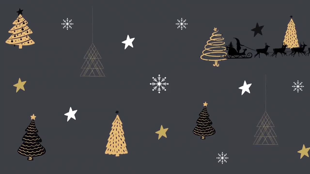animación digital de múltiples iconos de árboles de navidad y estrellas contra un fondo gris