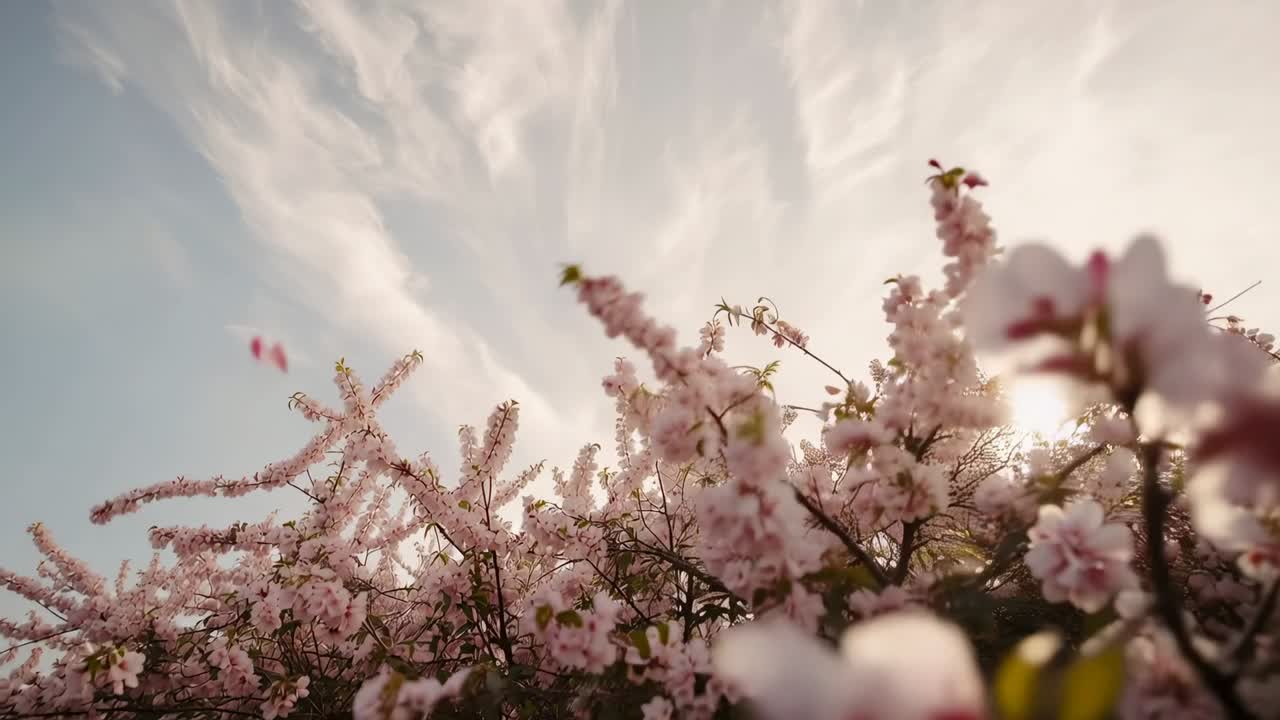 Swaying pink flowering shrubs at hedge shedding petals from breeze as slow low-angle camera pushing