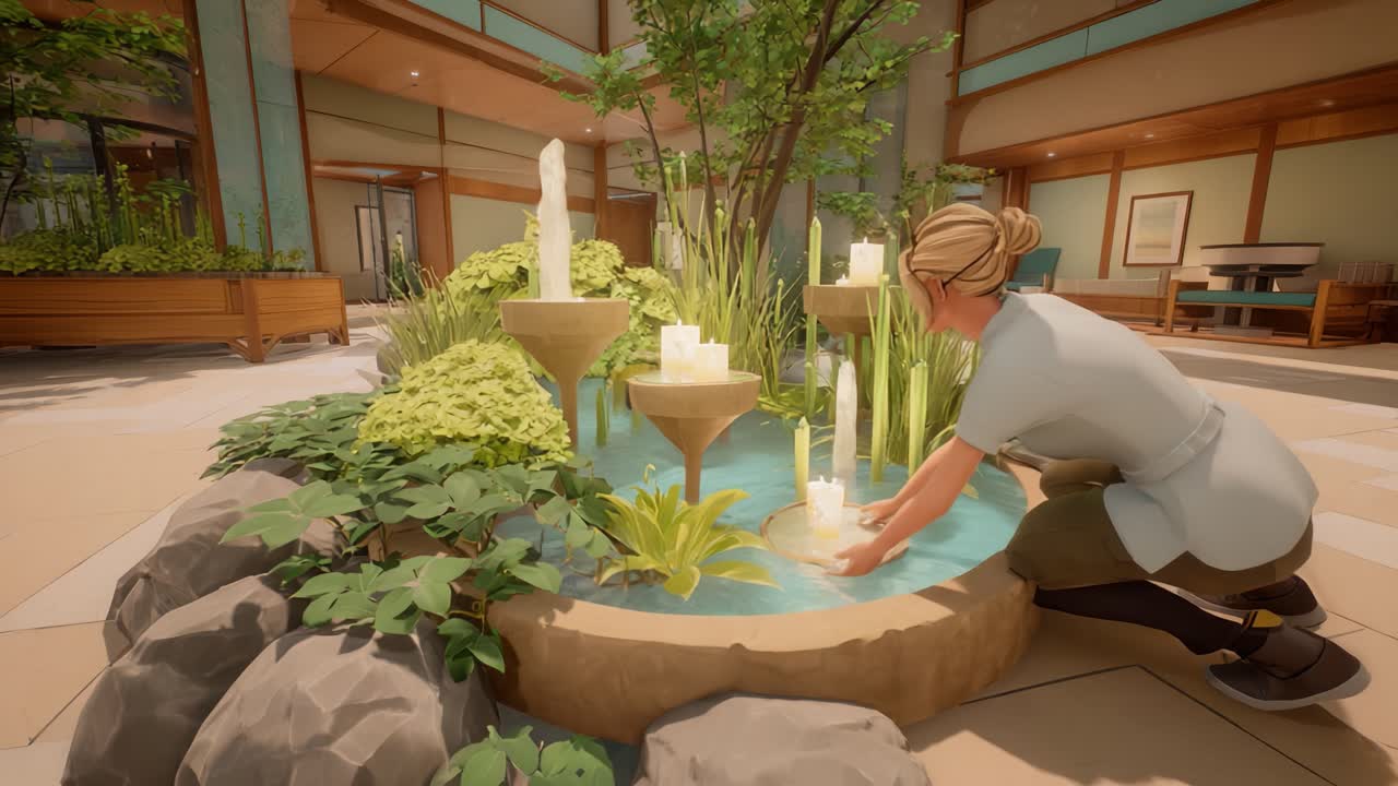 Serene Scene of a Person Interacting with a Beautiful Indoor Fountain Surrounded by Lush Greenery, Creating a Tranquil Atmosphere in a Contemporary and Peaceful Environment