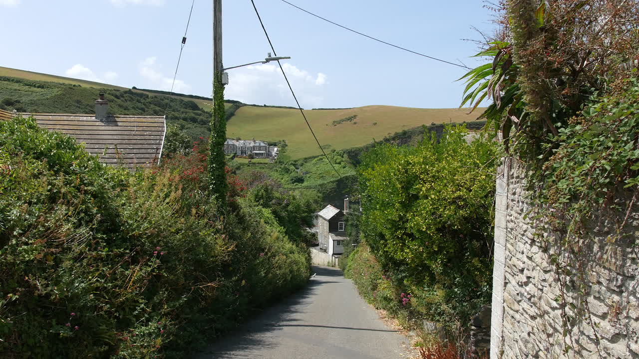 A road lined with thick vegetation and stone walls leads downhill toward cottages, with open hills and distant buildings visible in the background Port Isaac, Cornwall, England
