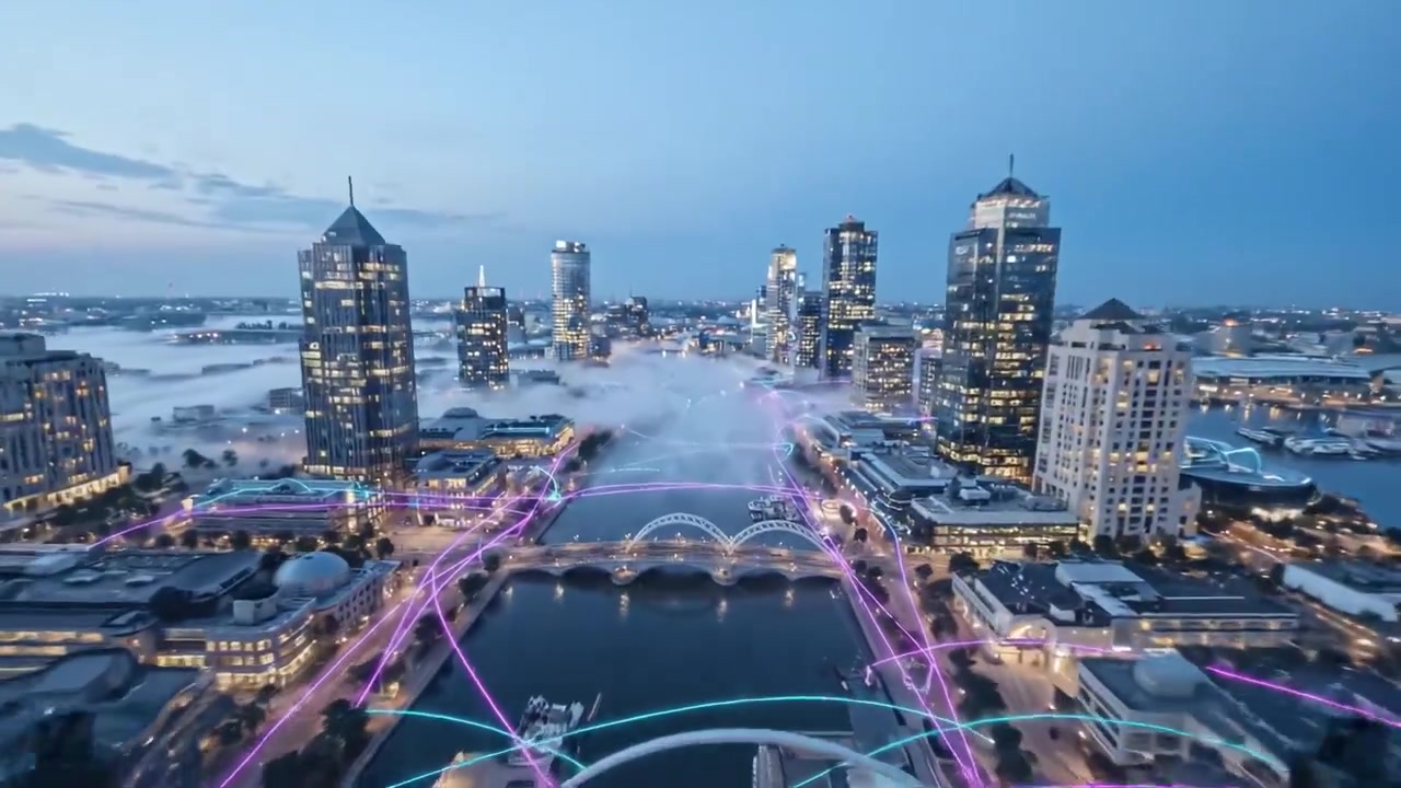 Stunning Cityscape at Dusk Showcasing Modern Architecture and Luminous Light Trails Across Foggy River and Skyline in a Vibrant Urban Environment