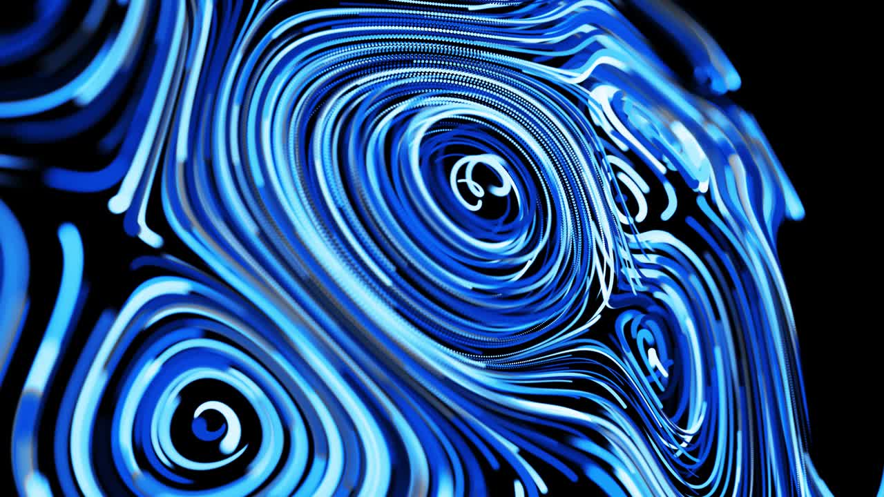 Abstract 3d looped background with lines form swirling pattern like curle noise with light streaks. Flow of particles forms curled lines like blue glow trails. Beautiful swirls of lines as abstract bg