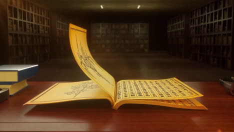 고대 중국 역사 책, 전통 문화, 고대, 오래된 책, 글쓰기, 비즈니스 및 교육 개념을위한 3d 애니메이션으로 열어