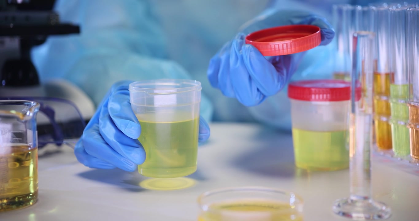 Lab assistant hands in gloves open container with urine sample