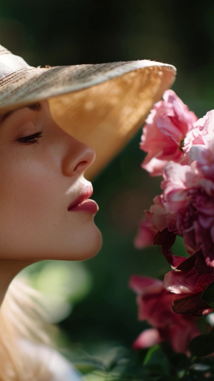 Momento accattivante: una donna con un cappello da sole interagisce delicatamente con vivaci rose rosa in un giardino lussureggiante, illuminata da una morbida luce naturale e circondata dalla bellezza della natura.