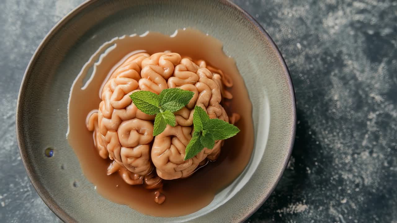 Gourmet raw animal brain delicacy garnished with fresh mint leaves, plated and styled for culinary presentation against pristine white background
