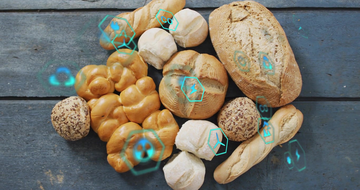 Animerte cyan-grafikker dukker opp fra venstre, driver, pulserer, roterer og fremhever brød