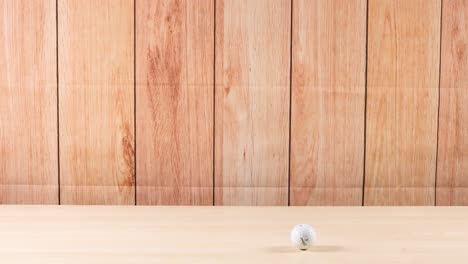 a golf ball rolls across a wooden floor