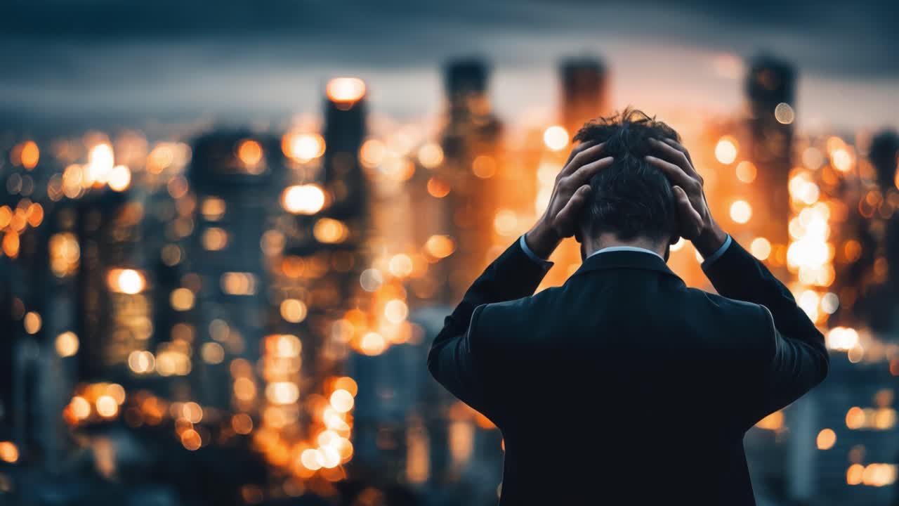 A Silent Struggle: The Weight of Anxiety and Overwhelm Captured Against a Dazzling Cityscape, Reflecting the Internal Turmoil Within the Individual's Mind