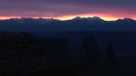 Long-Shot-Of-Snowcapped-La-Sal-Mountains-In-Canyonlands-National-Park-At-Goldenhour