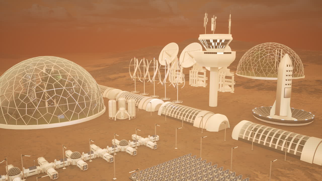 Futuristic spaceport on Mars housing astronauts crew