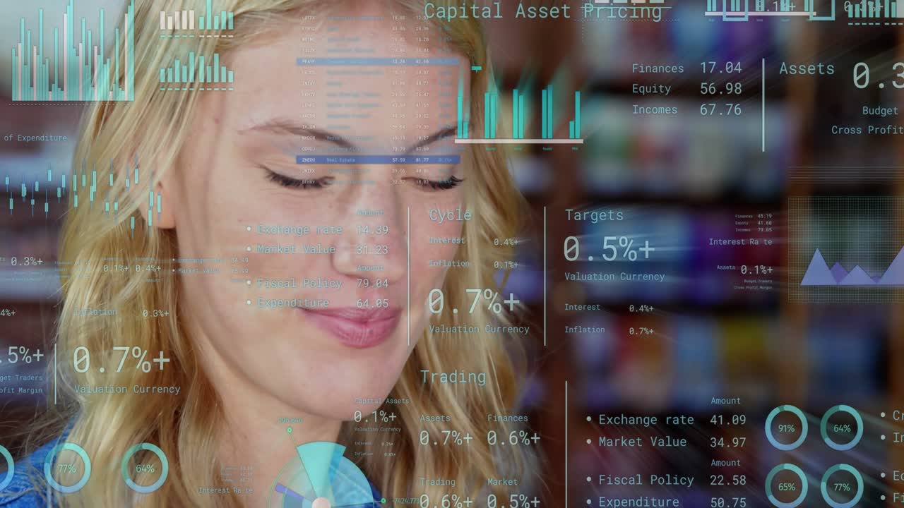 Adult woman lifting gaze and turning forward, reacting to HUD trading charts updating and smiling