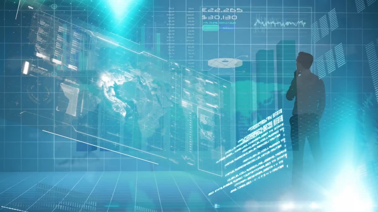 Animation of data processing over caucasian businessman