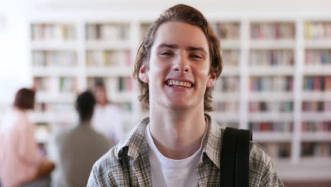 student, college and library with face of man